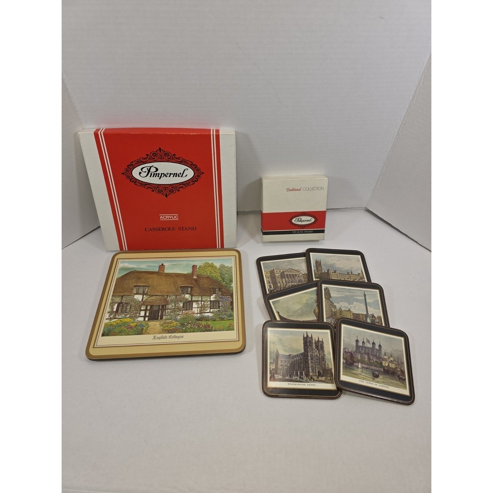 Pimpernel Cork Casserole Stand English Cottage & 6 Coasters  19th Century London